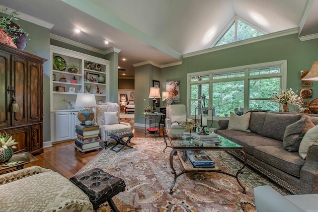 living area featuring dark wood-type flooring, baseboards, crown molding, and lofted ceiling