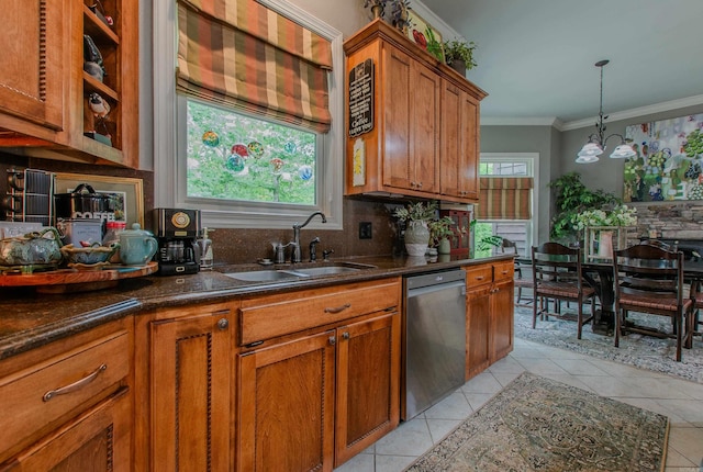 kitchen featuring brown cabinetry, crown molding, dishwasher, and light tile patterned floors