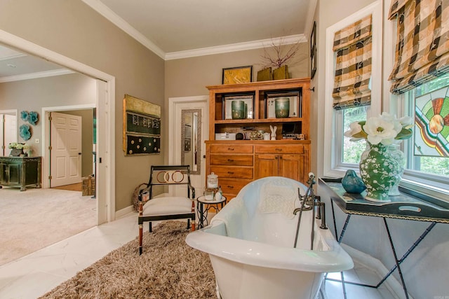 living area featuring baseboards, ornamental molding, and marble finish floor