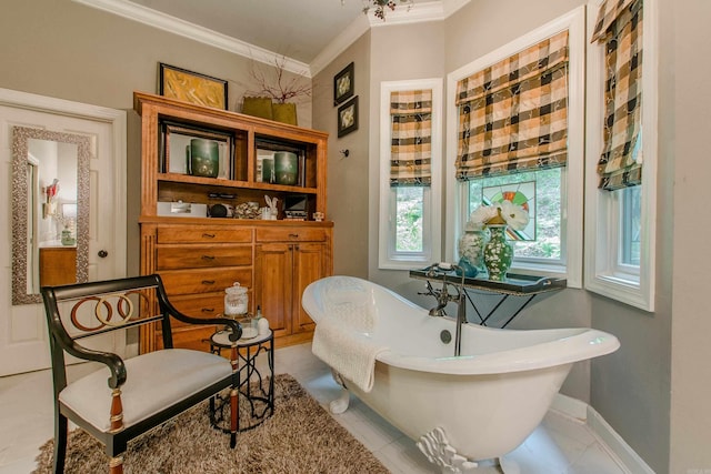 living area featuring crown molding and baseboards