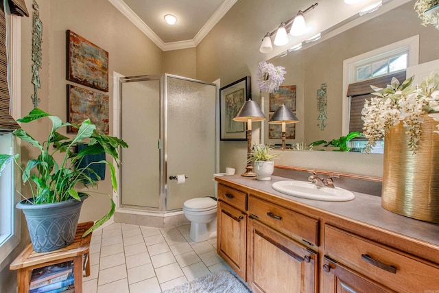 full bath with crown molding, vanity, tile patterned floors, and a shower stall