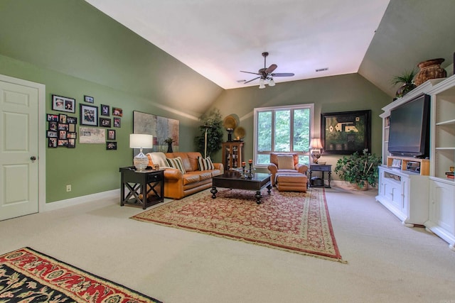 living room with ceiling fan, carpet floors, baseboards, lofted ceiling, and visible vents