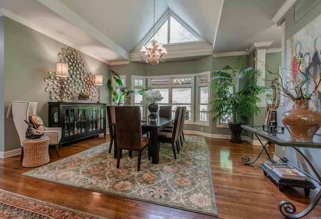 dining room with baseboards, lofted ceiling, a chandelier, and a wealth of natural light