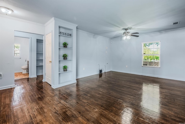 unfurnished living room featuring a ceiling fan, built in features, and a healthy amount of sunlight