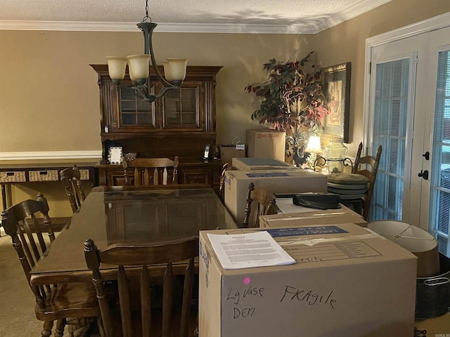 874 Stacy Spgs, Heber Springs, AR 72543 - dining space with a chandelier, ornamental molding, carpet floors, and a textured ceiling