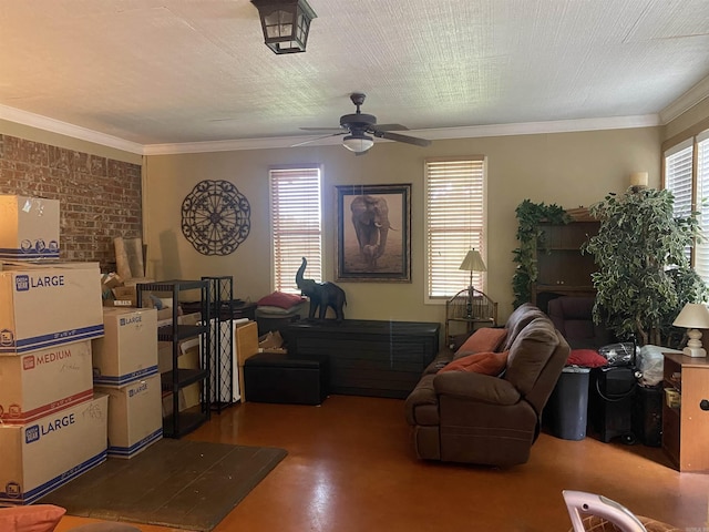 874 Stacy Spgs, Heber Springs, AR 72543 - living room featuring ceiling fan, crown molding, finished concrete floors, and brick wall