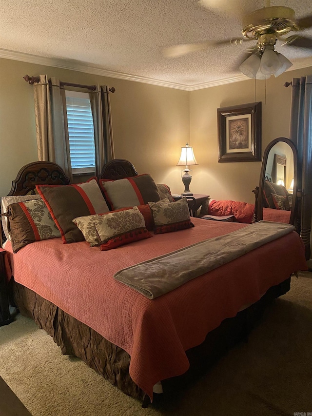 874 Stacy Spgs, Heber Springs, AR 72543 - bedroom with carpet, crown molding, a textured ceiling, and ceiling fan