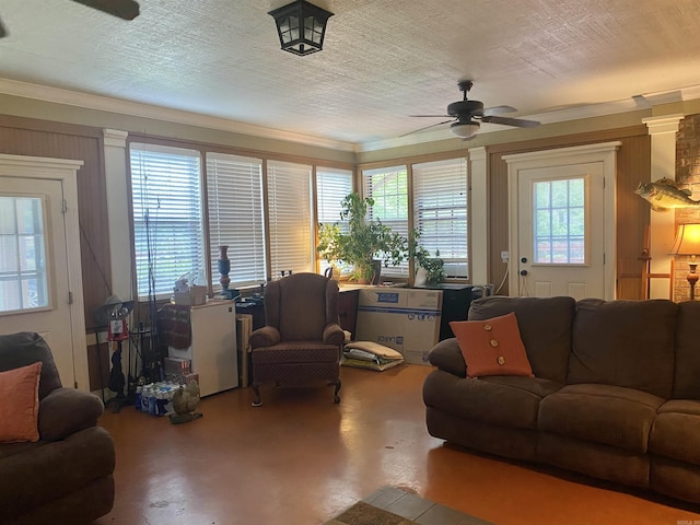 874 Stacy Spgs, Heber Springs, AR 72543 - living room with ceiling fan and ornamental molding