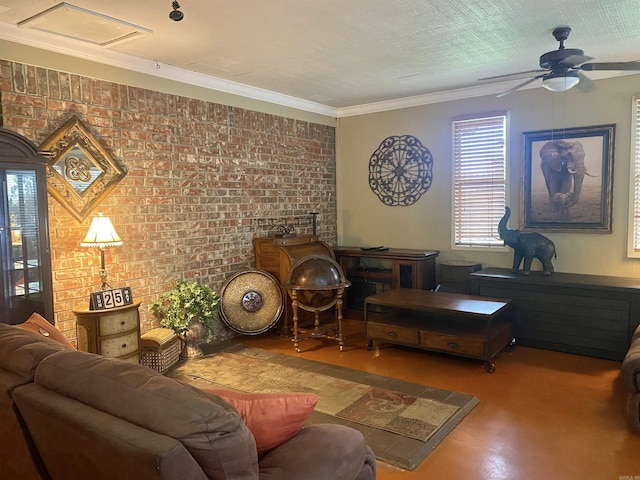 874 Stacy Spgs, Heber Springs, AR 72543 - living room with healthy amount of natural light, a ceiling fan, brick wall, and crown molding