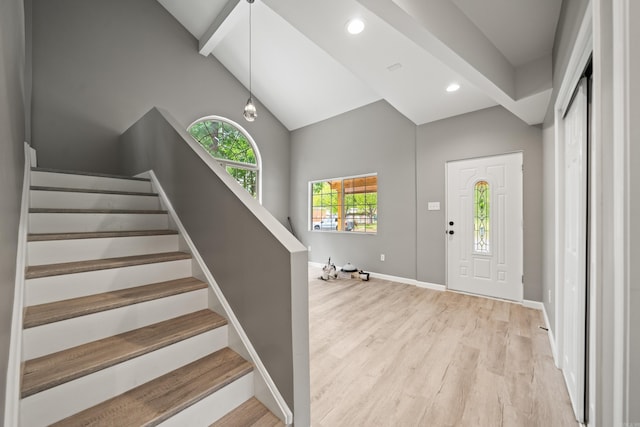 609 S St, Hot Springs, AR 71913 - entryway featuring light wood-style floors, recessed lighting, baseboards, and high vaulted ceiling