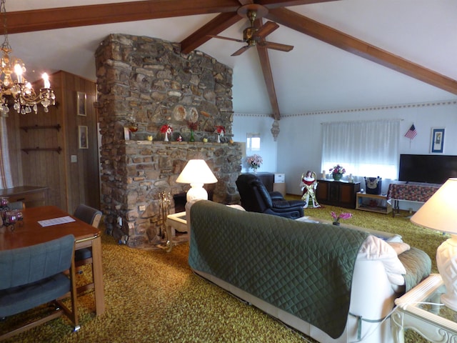 living room featuring a fireplace, beamed ceiling, high vaulted ceiling, carpet flooring, and ceiling fan with notable chandelier