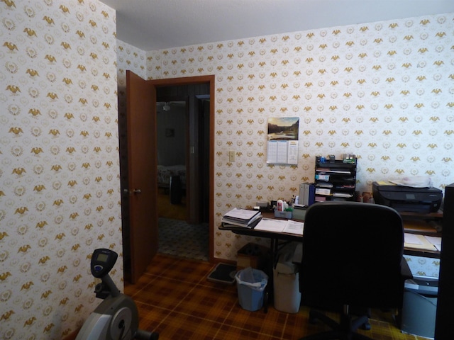 office area featuring wallpapered walls