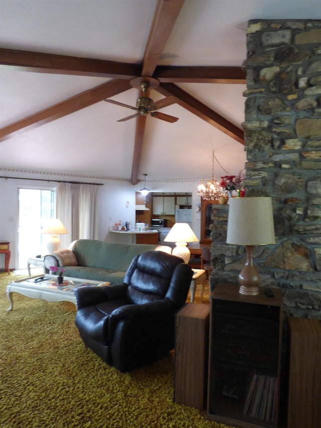 living area featuring carpet floors, high vaulted ceiling, beam ceiling, and ceiling fan with notable chandelier
