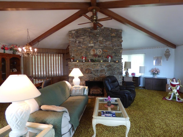 living room with a stone fireplace, lofted ceiling with beams, carpet, and ceiling fan with notable chandelier