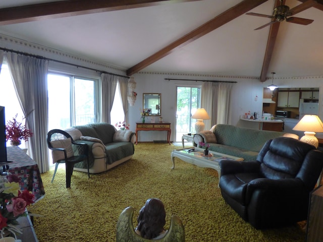 carpeted living room with vaulted ceiling with beams and a ceiling fan