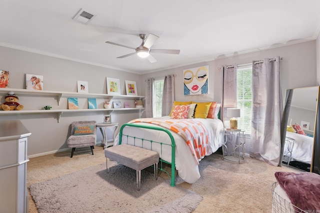 4109 Valley View Dr, Little Rock, AR 72212 - bedroom featuring ornamental molding, a ceiling fan, multiple windows, and carpet flooring
