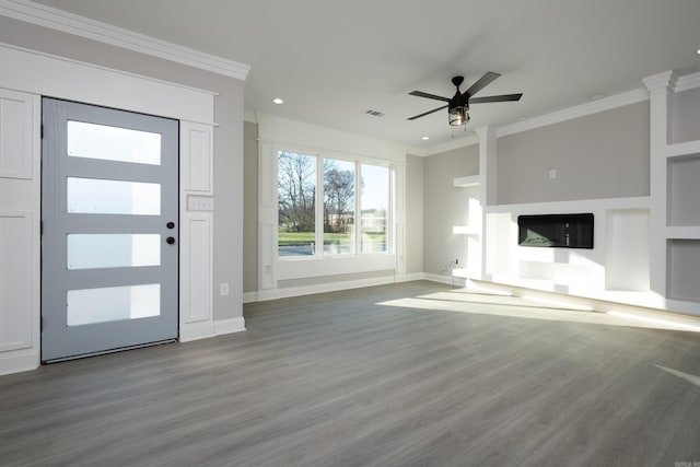 2919 Martel Ave, Little Rock, AR 72206 - unfurnished living room with visible vents, ornamental molding, wood finished floors, baseboards, and a ceiling fan