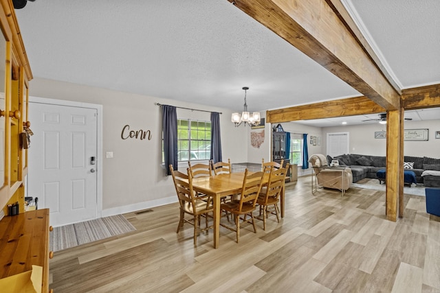 dining space with beam ceiling, a textured ceiling, ceiling fan with notable chandelier, light wood-type flooring, and visible vents