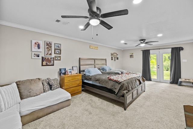 carpeted bedroom with crown molding, access to outside, a ceiling fan, recessed lighting, and visible vents