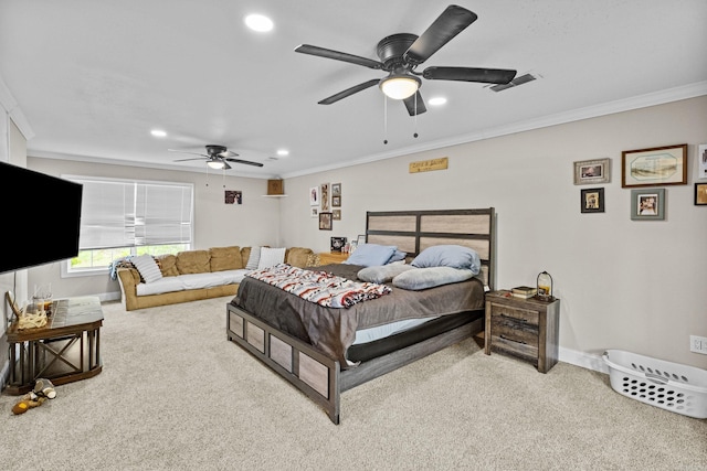 carpeted bedroom with visible vents, crown molding, baseboards, ceiling fan, and recessed lighting