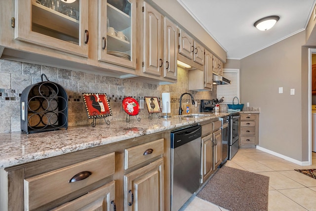 101 Long Island Dr, Hot Springs, AR 71913 - kitchen with light tile patterned flooring, appliances with stainless steel finishes, a sink, under cabinet range hood, and ornamental molding