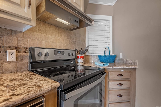 101 Long Island Dr, Hot Springs, AR 71913 - kitchen with backsplash, under cabinet range hood, stainless steel range with electric cooktop, and light stone countertops