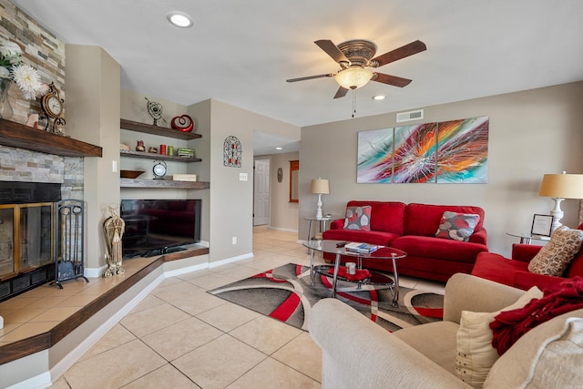 101 Long Island Dr, Hot Springs, AR 71913 - living room with ceiling fan, a fireplace, recessed lighting, light tile patterned floors, and visible vents