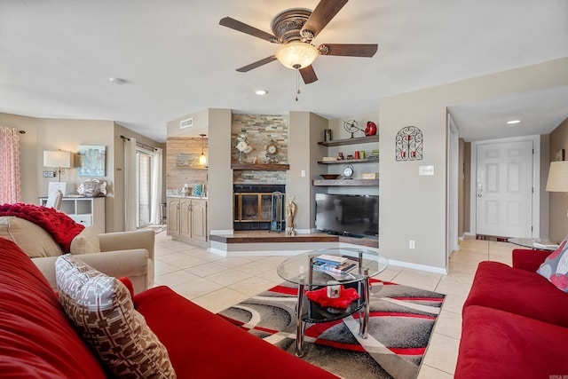 101 Long Island Dr, Hot Springs, AR 71913 - living area featuring ceiling fan, visible vents, a large fireplace, light tile patterned floors, and baseboards