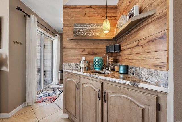 101 Long Island Dr, Hot Springs, AR 71913 - bar with pendant lighting, wood walls, baseboards, a sink, and light tile patterned floors