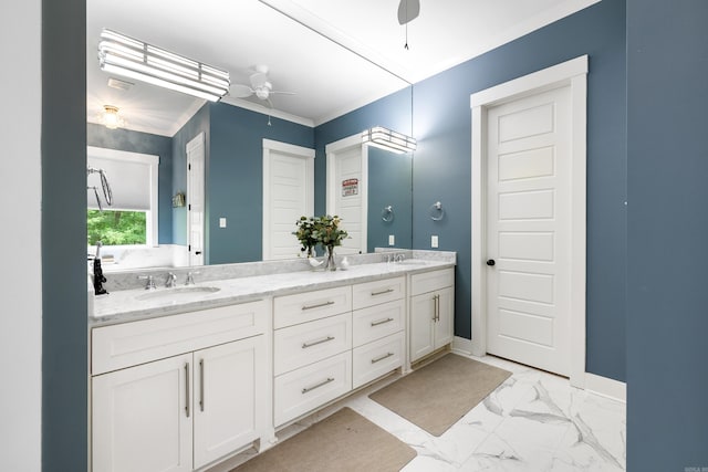 bathroom featuring double vanity, a sink, marble finish floor, and ceiling fan