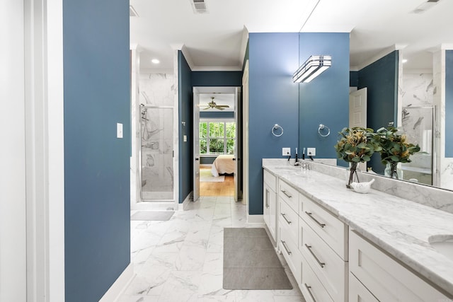 ensuite bathroom with baseboards, visible vents, a marble finish shower, and marble finish floor