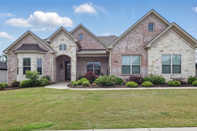 french country home featuring brick siding, a standing seam roof, stone siding, and a front yard
