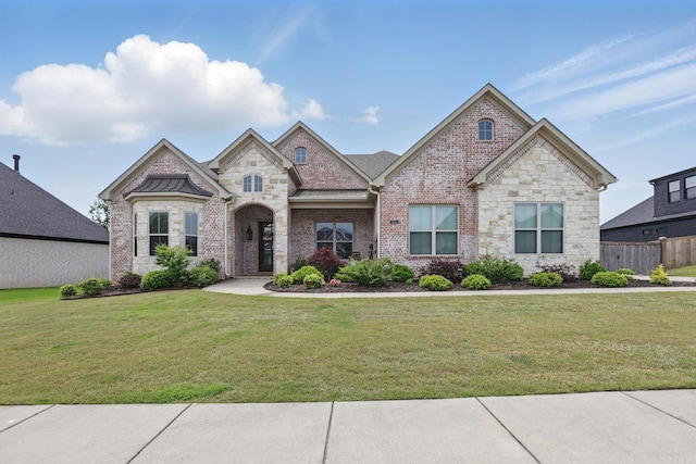 view of front of property featuring brick siding, fence, stone siding, and a front lawn