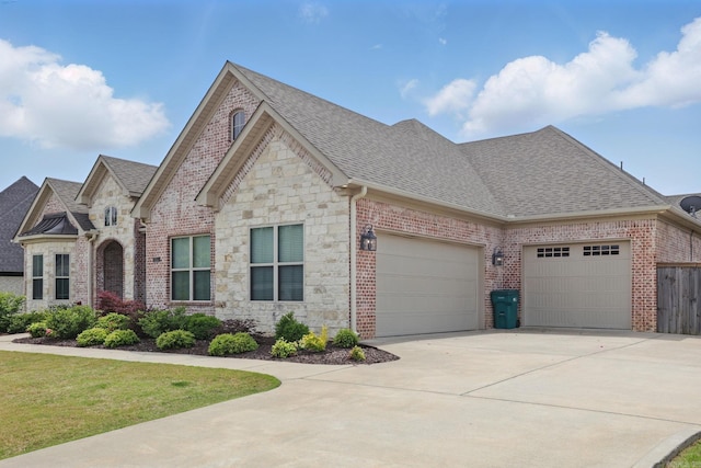 view of front of house with roof with shingles, an attached garage, driveway, and stone siding