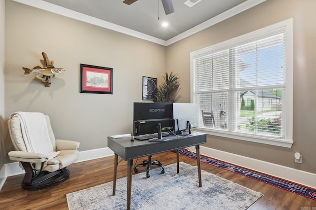 home office with crown molding, baseboards, ceiling fan, and wood finished floors