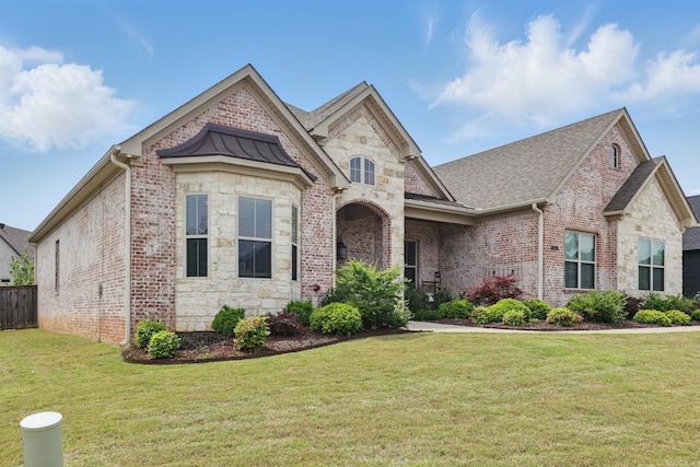 french country home with brick siding, stone siding, and a front lawn
