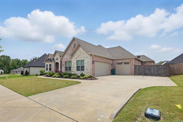 french provincial home with a garage, brick siding, fence, a front lawn, and concrete driveway