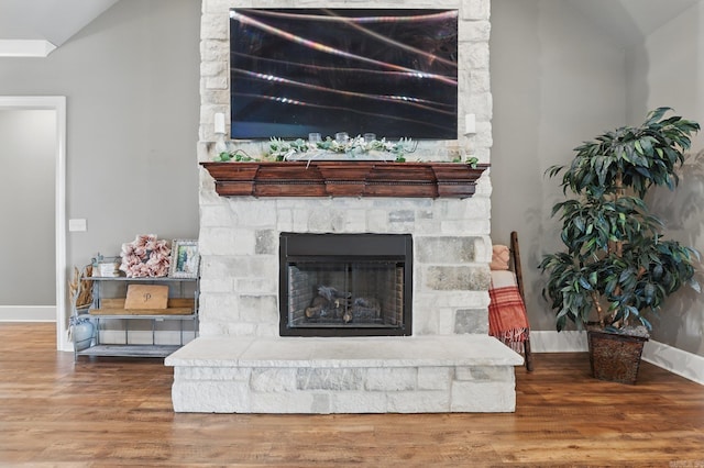 details featuring baseboards, wood finished floors, and a fireplace