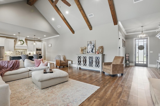 living room featuring visible vents, high vaulted ceiling, beamed ceiling, dark wood-style floors, and recessed lighting
