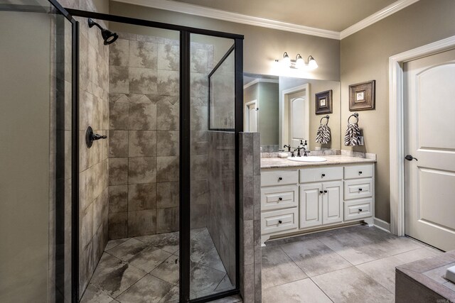 26 Epernay Cir, Little Rock, AR 72223 - bathroom with vanity, ornamental molding, and a stall shower