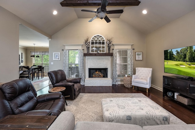 26 Epernay Cir, Little Rock, AR 72223 - living room featuring recessed lighting, high vaulted ceiling, a stone fireplace, and ceiling fan