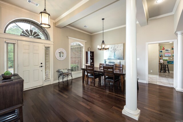 26 Epernay Cir, Little Rock, AR 72223 - entryway with ornate columns, visible vents, a chandelier, and wood finished floors
