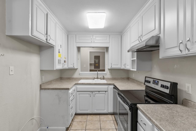 kitchen with a sink, electric range, under cabinet range hood, and white cabinetry