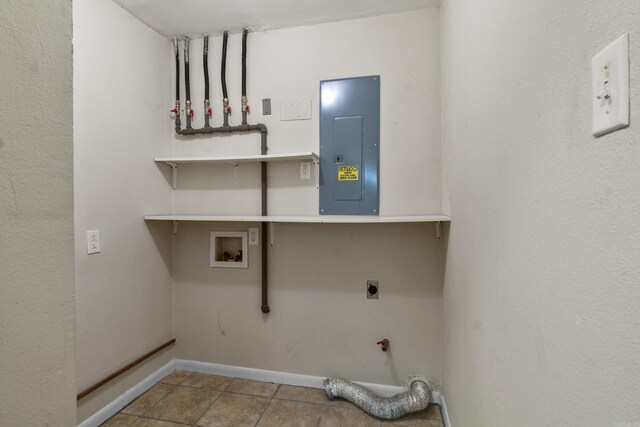 laundry room with laundry area, tile patterned flooring, baseboards, electric panel, and washer hookup