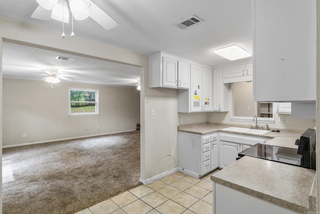 kitchen with electric range, ceiling fan, visible vents, and a sink