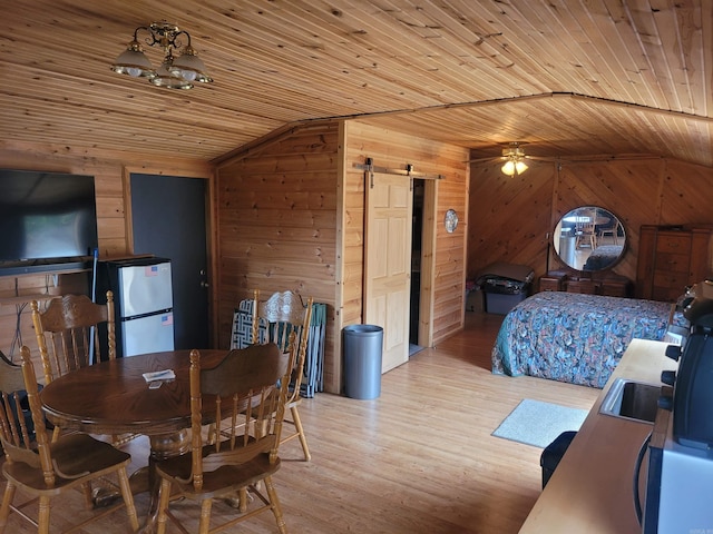 290 Christopher Dr, Quitman, AR 72131 - dining area featuring light wood-style floors, wood walls, a ceiling fan, lofted ceiling, and wood ceiling