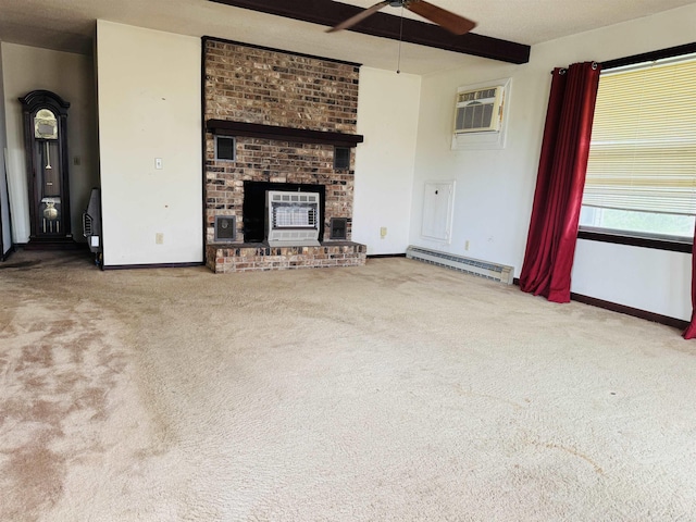 unfurnished living room with carpet floors, ceiling fan, baseboards, and a baseboard radiator