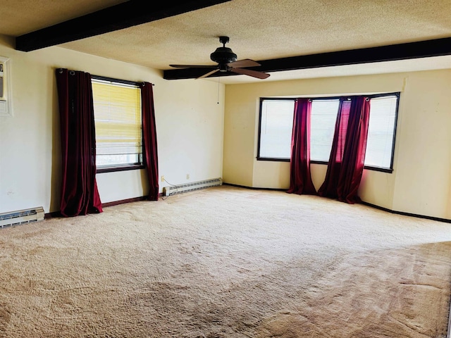 carpeted spare room with beam ceiling, a ceiling fan, a baseboard heating unit, and a textured ceiling