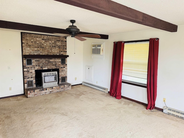 unfurnished living room featuring beam ceiling, carpet, and a baseboard radiator