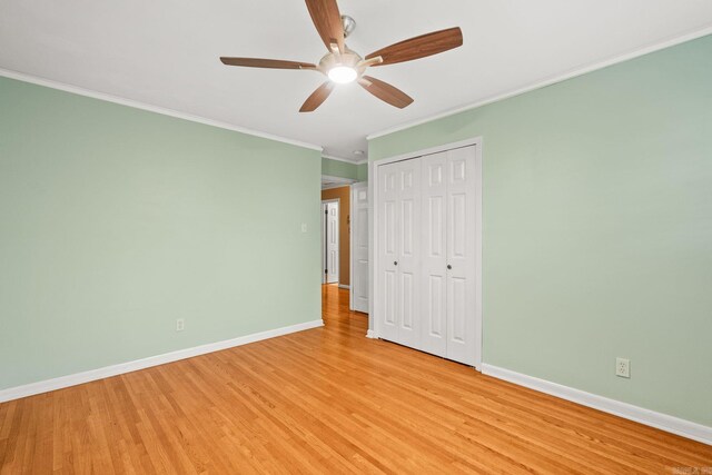 416 Ivory Dr, Little Rock, AR 72205 - unfurnished bedroom with ceiling fan, light wood-type flooring, baseboards, a closet, and ornamental molding